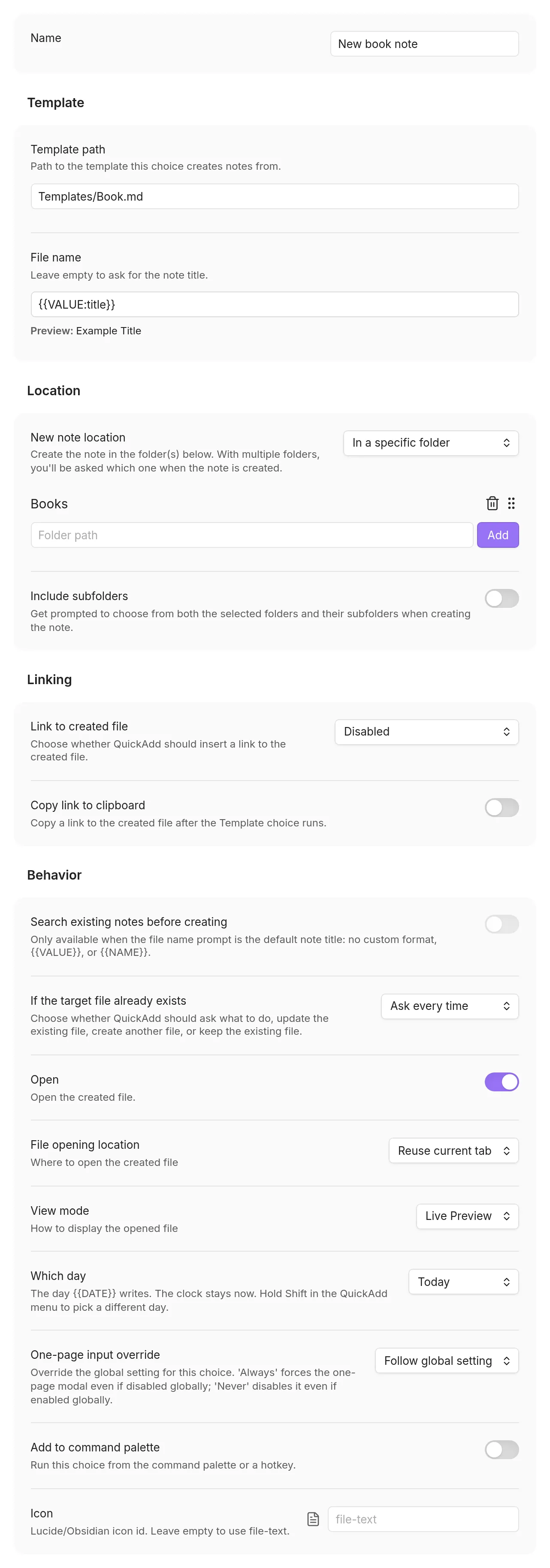 The QuickAdd Template builder page, showing the Name field and the Template, Location, Linking, and Behavior sections